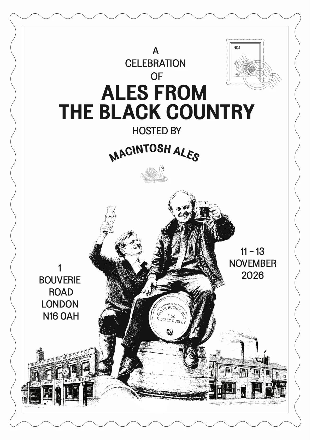 Black Country ales festival poster featuring two drinkers seated on a beer barrel, historic pubs, a swan, and a postage stamp